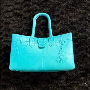 Turquoise Leather Tote Bag with Charm Accent